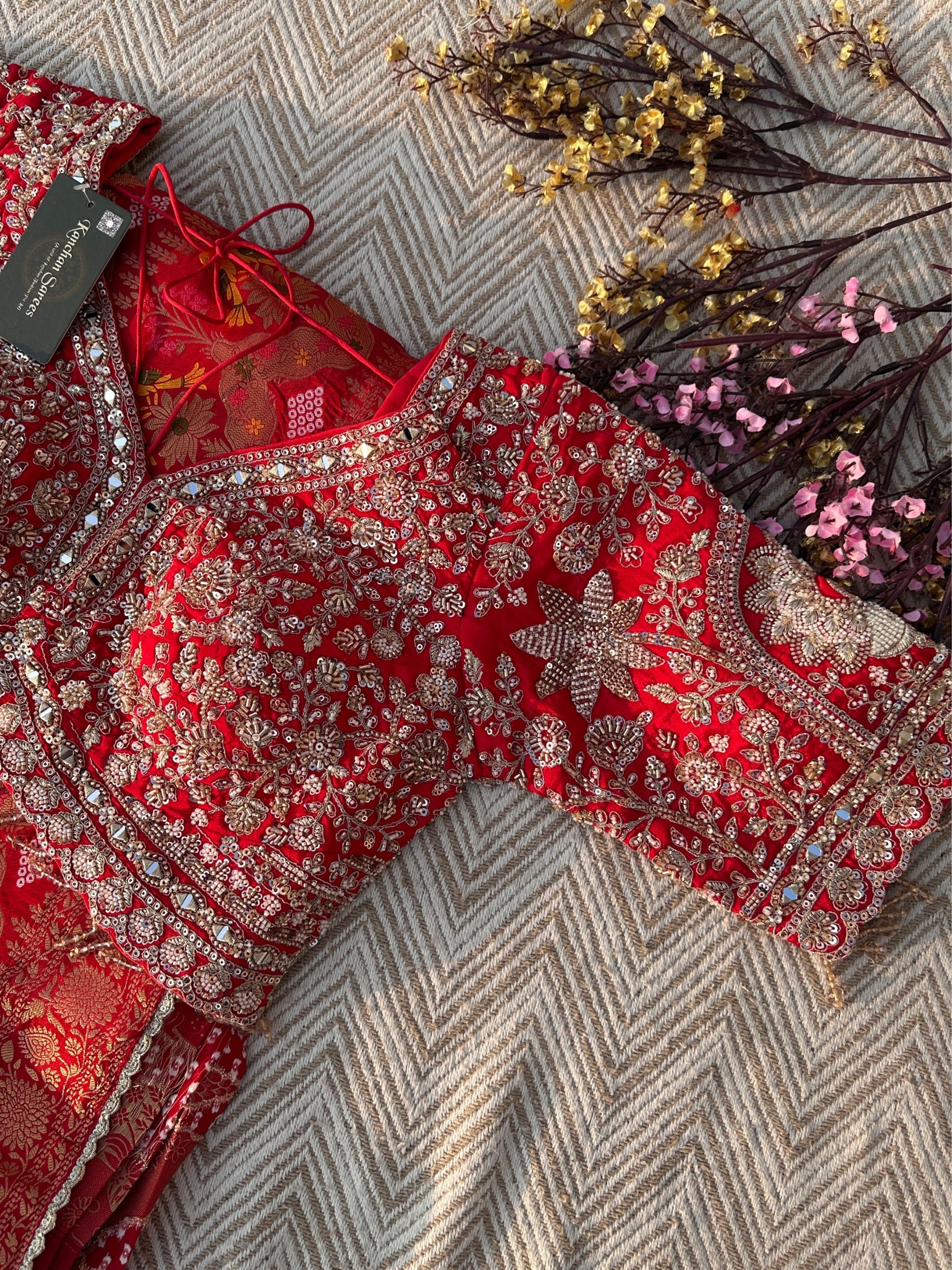 Red Crepe Saree with Blouse with Cutdana, Zari, Sequins, Mirror, Pearl and Weaving Embroidery 3